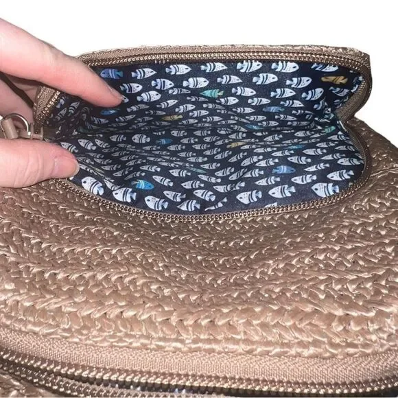 Vera Bradley Warm Stone Straw Mini Convertible Backpack Fish Applique EUC - Picture 5 of 6